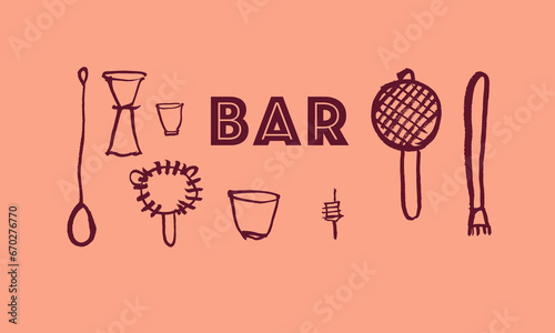 Barware, set of vector images. Hand drawing, sketch, doodle, calligraphy, brush. Cafe, restaurant, cocktail, alcohol, wine, whiskey, holiday, relaxation. Red on beige. Eps10