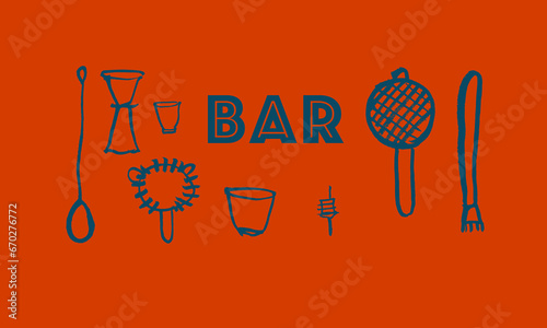 Barware, set of images. Vector. Hand drawing, sketch, doodle, brush, minimalism. Cafe, restaurant, cocktail, alcohol, wine, whiskey, holiday, relaxation. Blue on orange. Eps10