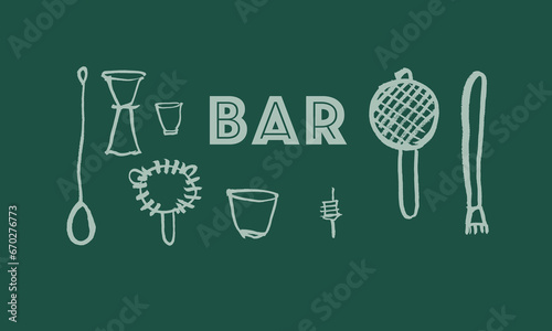 Barware, set of separate images. Vector. Hand drawing, sketch, doodle, brush, simple style. Cafe, restaurant, cocktail, alcohol, wine, whiskey, holiday, relaxation. Green. Eps10