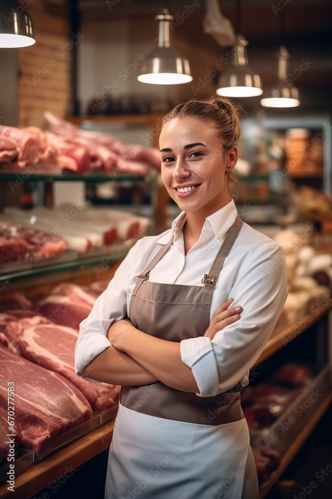 A happy female butcher standing with arms crossed in modern meat shop.