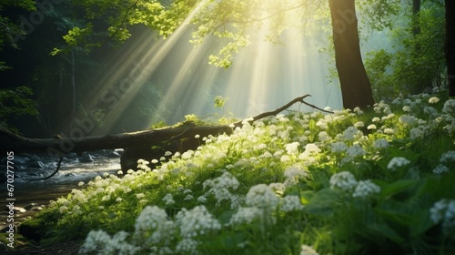 Sunlight filtering through the branches of a tranquil forest  highlighting the beauty of Serenity Blossoms in bloom.