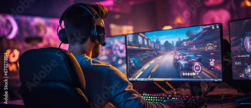 Gamer playing online with racing game controller in an esports setup.