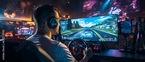 Gamer playing online with racing game controller in an esports setup.