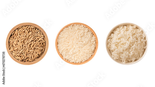 Set of rice ( paddy rice, boiler rice , white rice) in wooden bowl isolated on white background. healthy food concept
