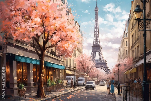 Artwork depicting a scenic Parisian street in spring with blooming trees and the Eiffel Tower in the distance. Generative AI