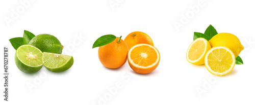 Set of lemon with orange and lime isolated on white background. Citrus food concept