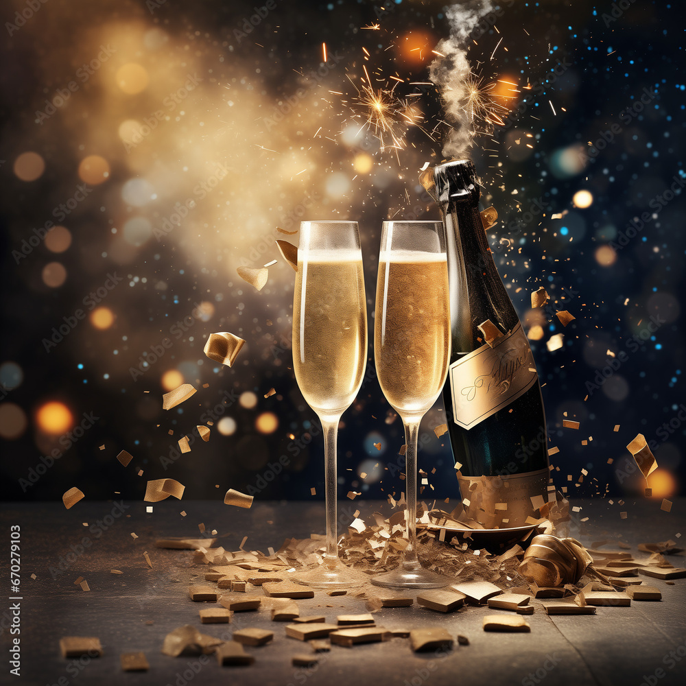 Karta na Nowy Rok, rocznicę. Toast, szampan, kieliszki, ai generative - obrazy, fototapety, plakaty 