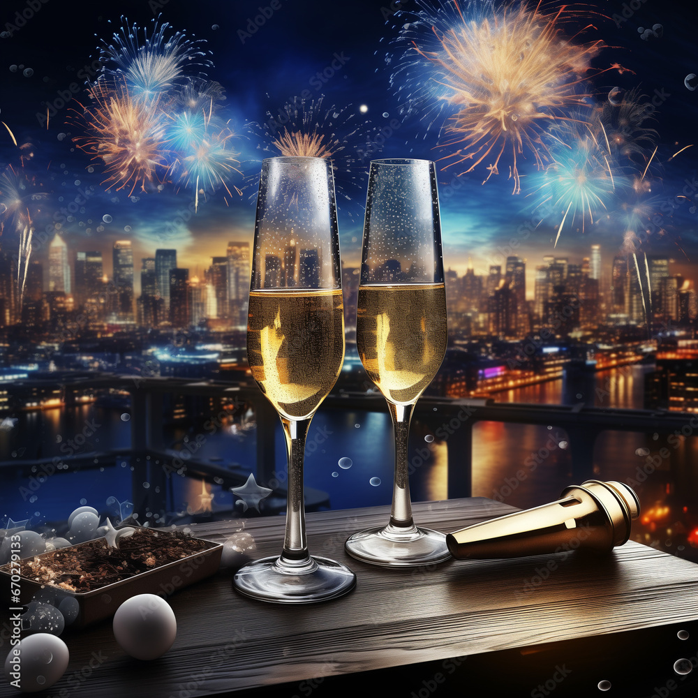 Karta noworoczna, życzenia na nowy rok, szampan kieliszki, fajerwerki. AI generative - obrazy, fototapety, plakaty 