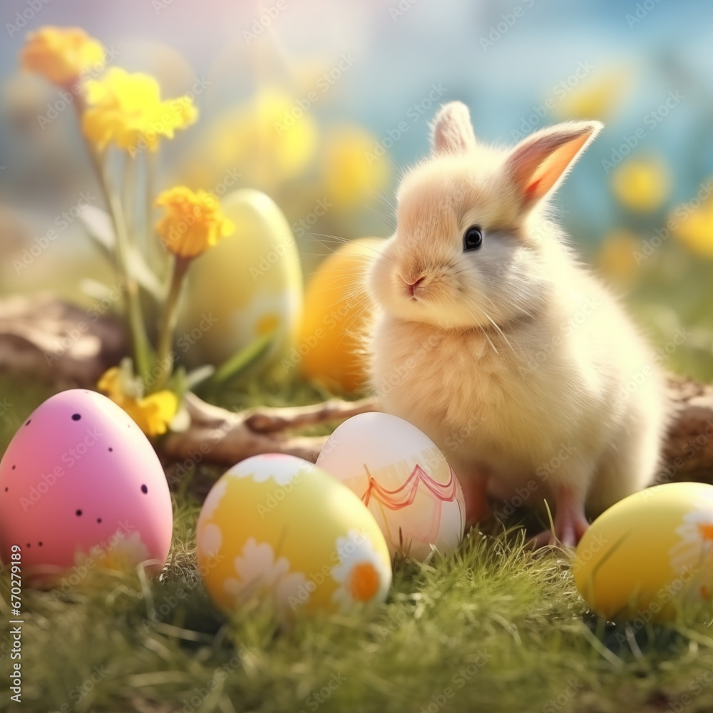 Kartka Wielkanocna, życzenia, pisanki, żonkile,  króliczek wielkanocny