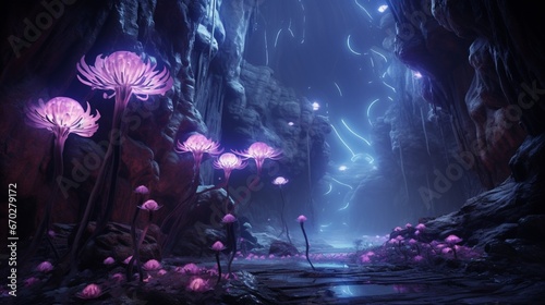 The enigmatic Moonstone Mallow caves, adorned with vibrant bioluminescent plants. © Anmol