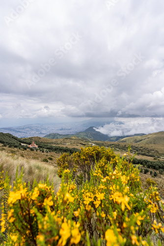 Beautiful view of the volcanoes from the top of the Pichincha volcano in the capital of Ecuador in the city of Quito.