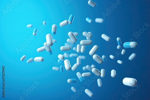 Floating Capsules and Pills on Blue Background