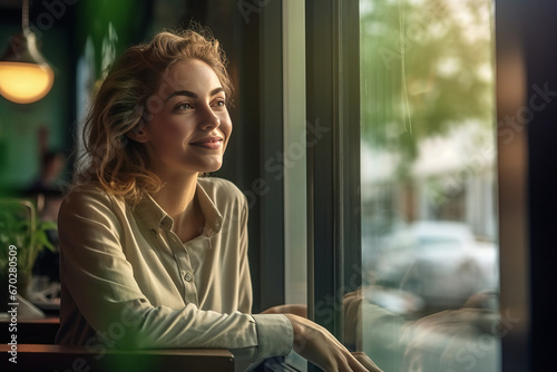 A beautiful business woman sitting happily looking out of the window in a cafe. Free Download A beautiful business woman sitting happily looking out of the window in a cafe. - GFXLoad