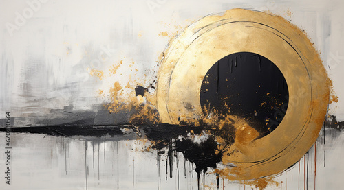 A captivating abstract gold circle painted with black and splashes of gold, black, gray, and beige. Ideal for luxury hotel decor. Generative AI.