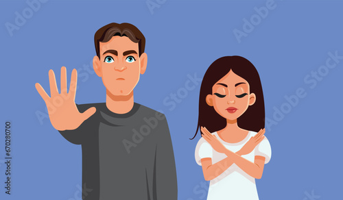 People Rejecting Something Doing Stop Gesture Vector Cartoon. Man and woman exasperated by a situation protest and say no
