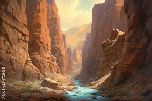 A painting depicts a river flowing through a narrow canyon among mountains and rocks. Generative AI