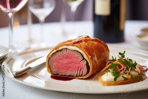 Canvastavla Delicious dish of beef Wellington, served on white plate with creamy horseradish sauce, fork, and knife