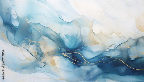 AI illustration of a blue and gold marble background  luxury  abstract watercolor texture with golden veins  powerpoint slides presentation background  indigo marble texture with gold splashes