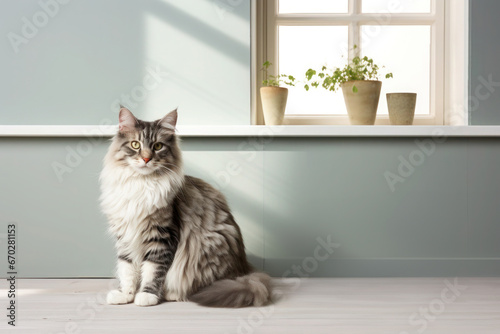 striped cat sits on the floor by the windowsill in a sunlit room adorned with plants