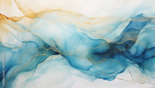 AI illustration of a blue and gold marble background, luxury, abstract watercolor texture with golden veins, powerpoint slides presentation background, indigo marble texture with gold splashes