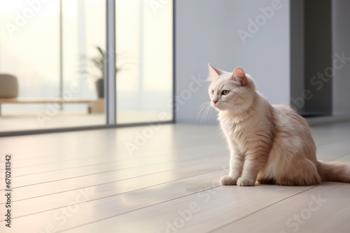 white cat with a light fur coat sits on the floor in a brightly lit room with natural daylight streaming in