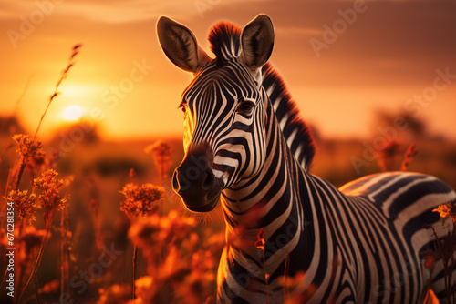 Zebras in the sunset field