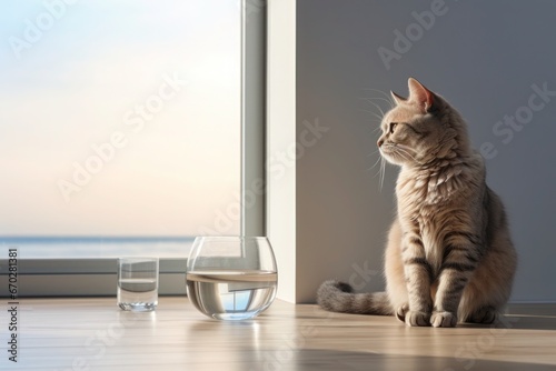  cat sits next to a glass of water on the floor in a room with a view of the sky and the sea.