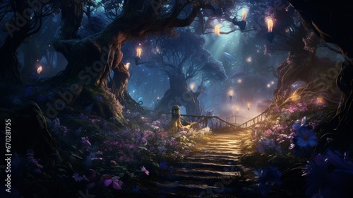 Craft an image of a dense, enchanted forest illuminated solely by the glow of Mystic Moonflowers, rendered in