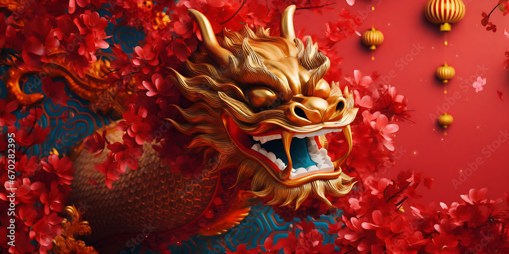 Golden dragon, Chinese New Year, red wave with decorations