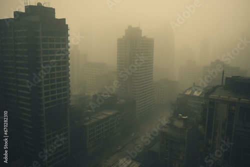 Gloomy urban setting engulfed in haze. Generative AI