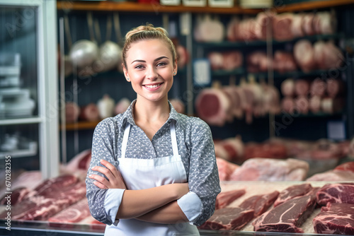 A happy female butcher standing with arms crossed in modern meat shop. photo