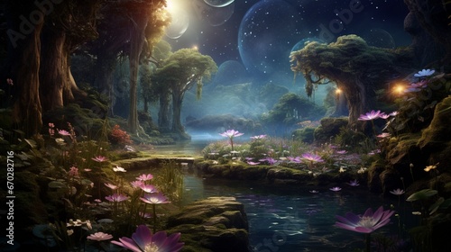 Picture a mystical garden  with luminous Mystic Moonflowers blooming under a starry sky in
