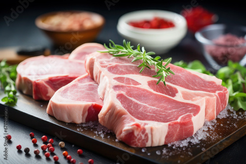 Variety of Raw meat. steak, Ribeye, Tenderloin fillet mignon from pork or beef. cooking or barbecue ingredients