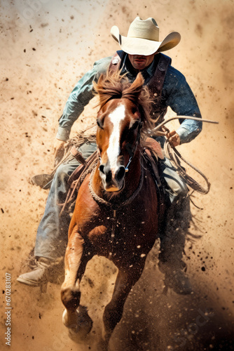 Rodeo bronc rider action shot photograph, looking at camera highly detailed