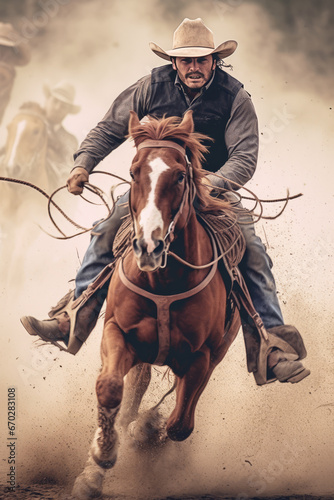 Rodeo bronc rider action shot photograph, looking at camera highly detailed photo
