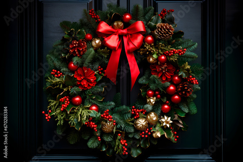 Christmas wreath on the front door  adorned with vibrant ornaments  welcoming the holiday spirit.