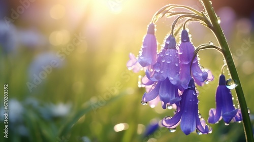 Fotografie, Obraz A close-up of a single, vibrant bluebell glistening with morning dew in the heart of the Eden valley