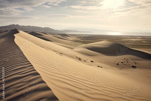 A serene landscape of sandy beach and undulating dunes. Generative AI