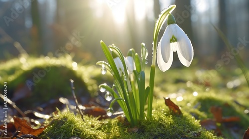 A close-up of a sunlit snowdrop glistening with morning dew in a garden.
