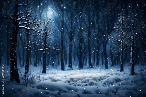 snow fall in dark jungle in the moonlight, beautiful and scary scene