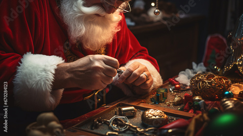 Close up of white santa working in his shop on toys 