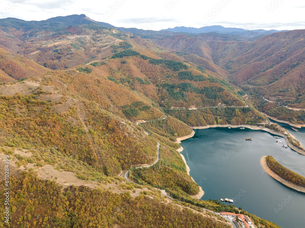 Aerial view of Vacha Reservoir, Rhodope Mountains, Bulgaria