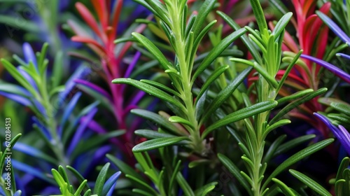 A close-up of Rainbow Rosemary leaves  showcasing the vibrant spectrum of colors.