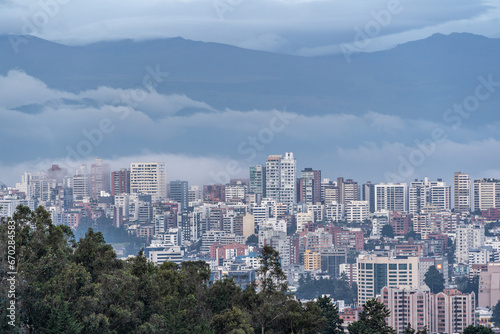 Beautiful view of the Ecuadorian capital city of Quito at sunset.