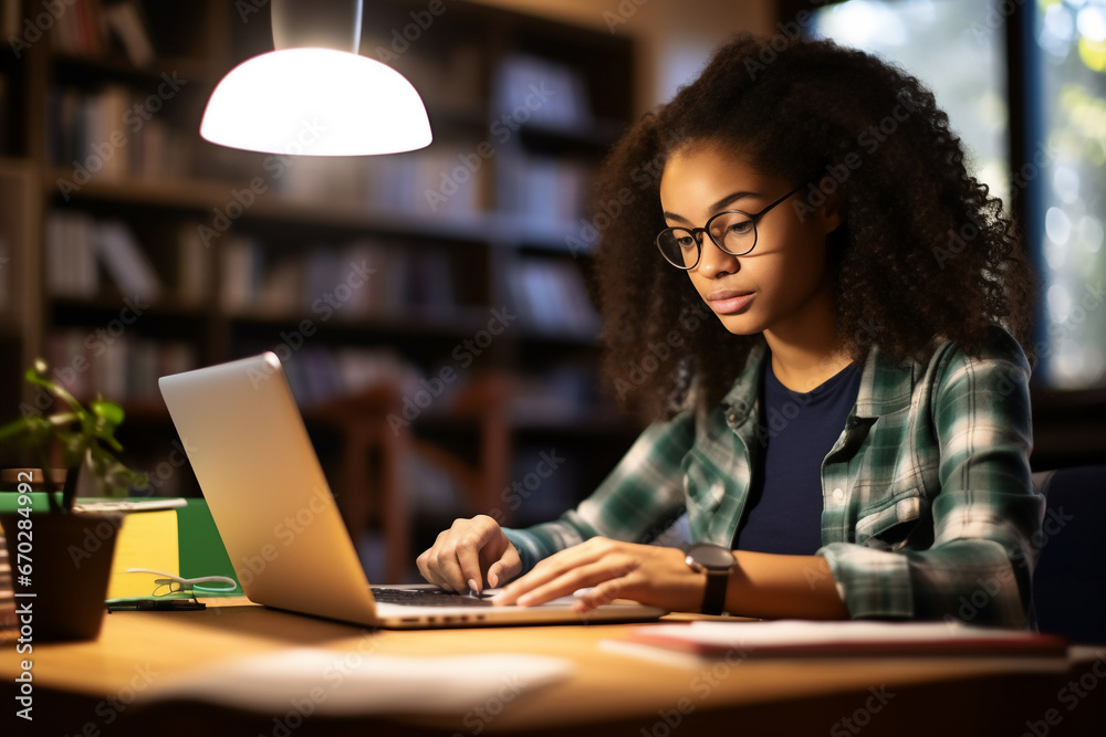 A senior female african american student is studying while wearing ...