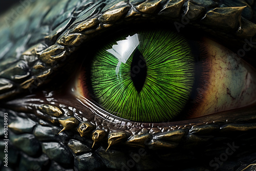 A close up of a dragon eye: is a stunning photo macro with of an eyeball with a green iris and vertical slit shaped pupil and dark scaly skin : a detailed eyeball close up