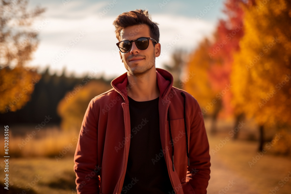 A young latin man is posing in front of the camera happily with an autumn coat in a country landscape during sunset in autumn with a vibrant coloration A young latin man is posing in front of the camera happily with an autumn coat in a country landscape during sunset in autumn with a vibrant coloration