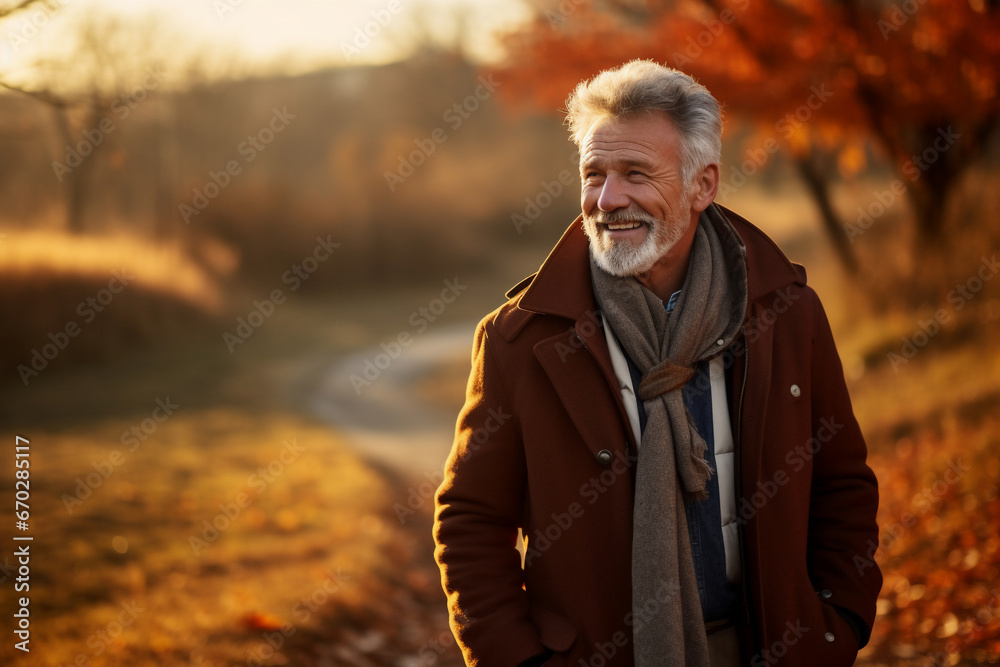 A senior caucasian man is walking happily with an autumn coat in a country landscape during sunset in autumn with no leaves on the trees