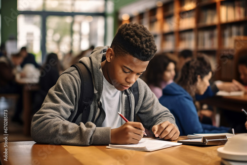 A young male african american student is studying concentrated with an tablet in a busy school library on a table while writing on a notebook photo