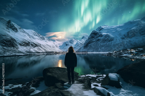 A close up of a female mountaineer is standing on a rock in front of a mountain lake with a thick coat on a in snow covered mountain hill with northern lights with a trail of footsteps
